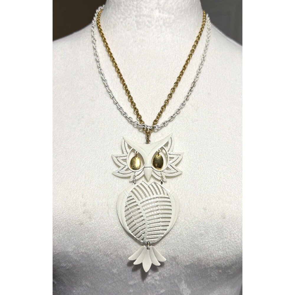 Vintage Alan White Signed Owl Pendant Necklace Articulated Enamel Filigree Gold